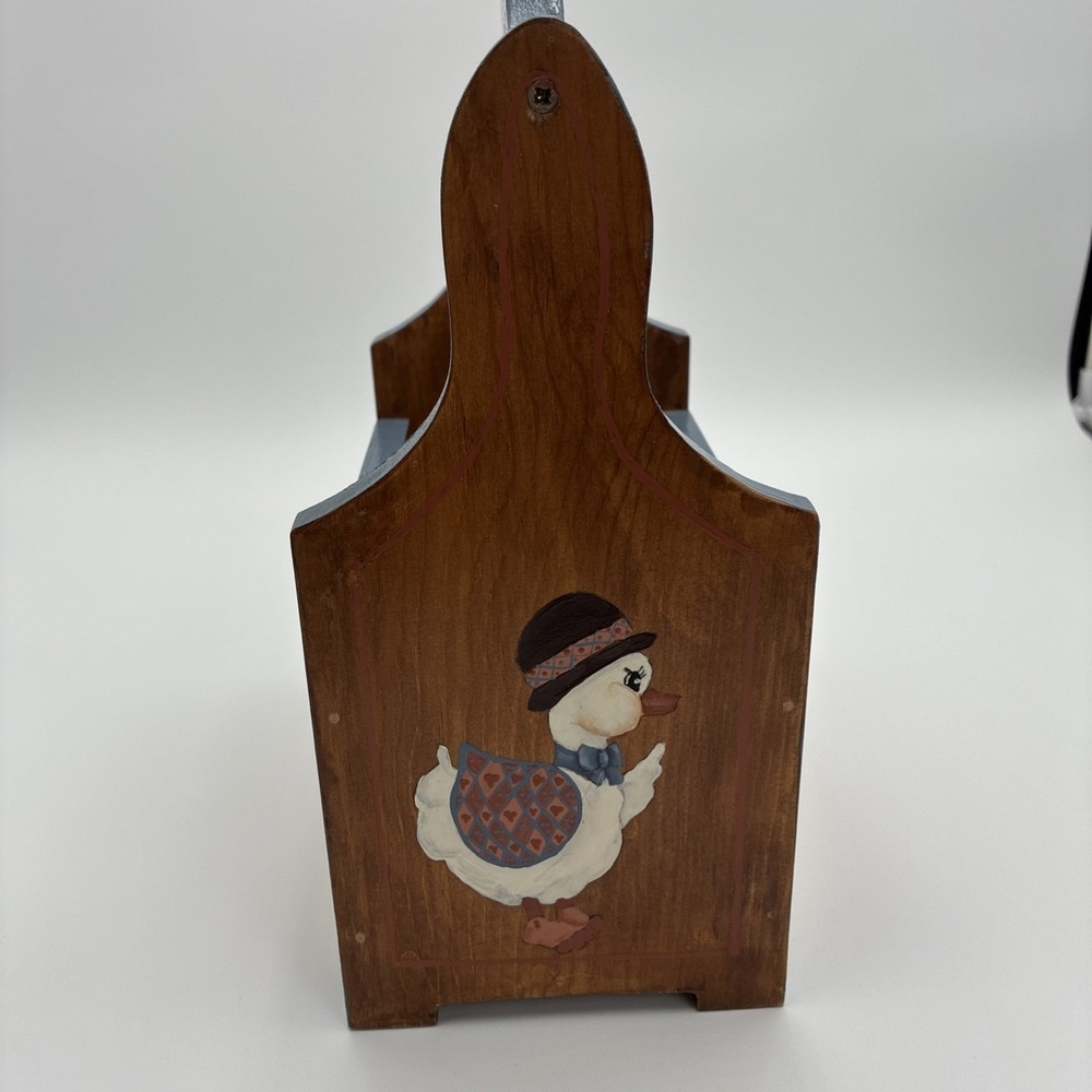 Vtg Hand Painted Wooden Caddy Folk Art Heart Duck Country craft Organizer Blue - Picture 4 of 15
